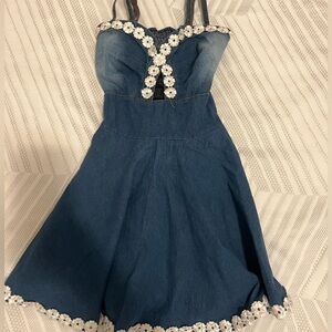 Blue Denim Kids Dress with Floral Trim